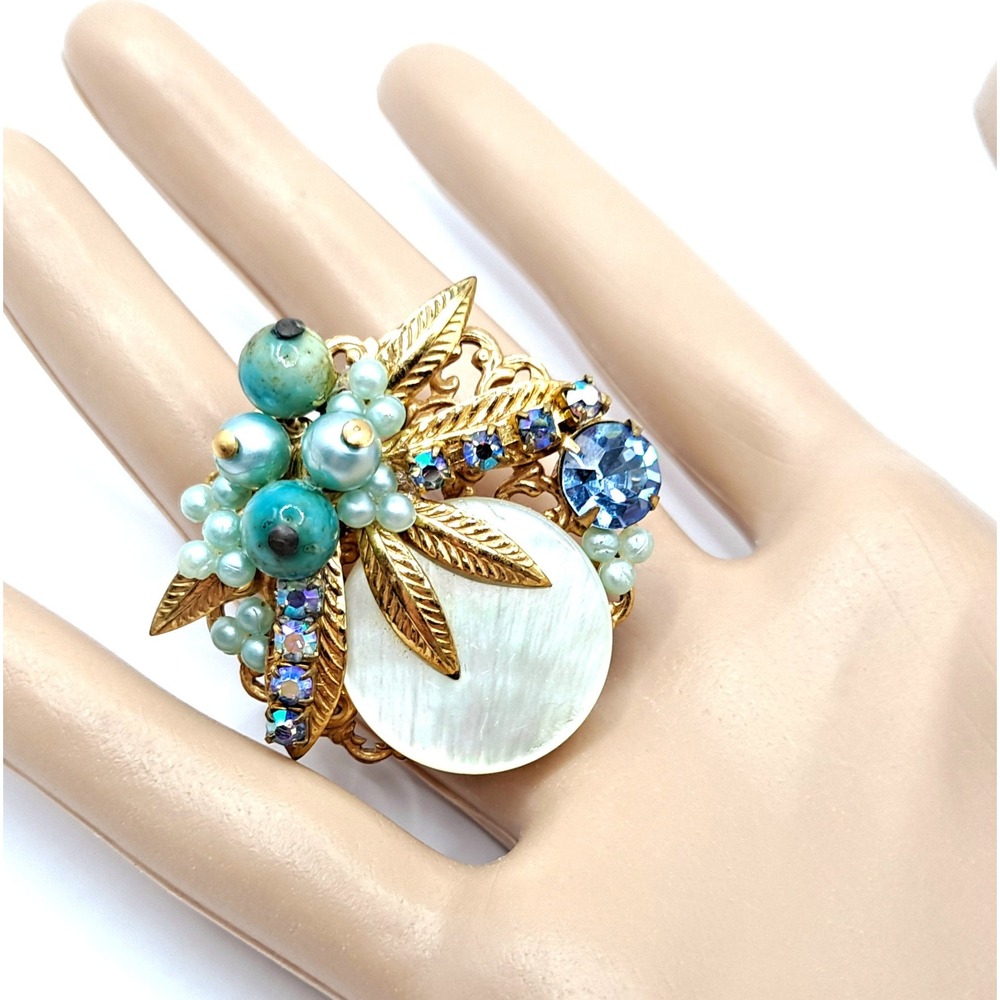 Vintage Blue Rhinestone Brooch Beads Mother of Pearl Disc Layered Leaf Cluster - Picture 4 of 11